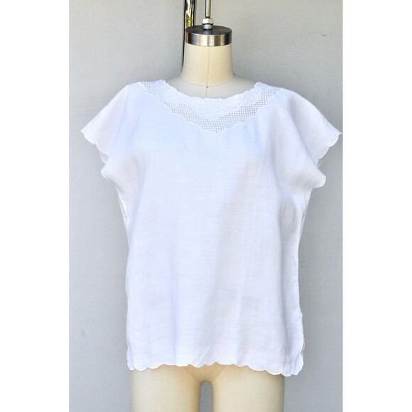 White LINEN Blouse Hand Embroidered Button Down Back Scalloped Hem Italian S M - Picture 8 of 9